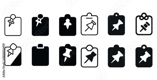 Assorted clipboard icons with pushpins in black and white designs