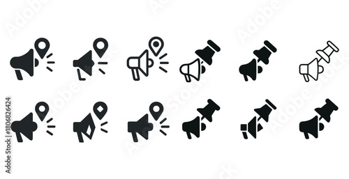 Set of megaphone and pushpin icons in various styles on white background
