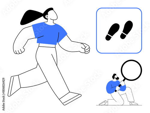 Woman walking confidently, paired with a footstep icon and man examining clues with a magnifying glass. Ideal for progress, movement, discovery, analysis, investigation, tracking exploration. Simple