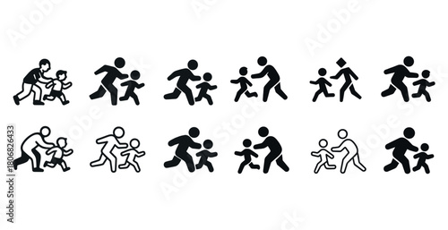 Silhouette icons of adults and children running together in various styles