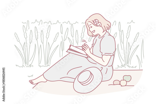 Woman sitting in field reading book. Happy girl enjoy summer picnic with magazine or textbook. Summertime relaxation. Vector illustration.
