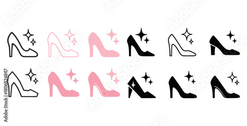Elegant high heel shoe icons in black, pink, and outline with sparkles