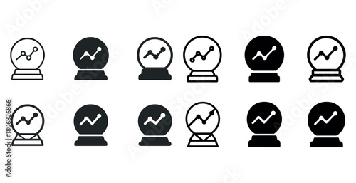 Set of crystal ball icons with data analysis line graphs in various styles