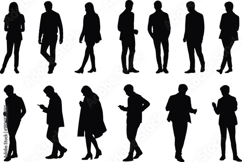 Men silhouette vector collection, casual male business people walking and standing with phone, isolated black figures set.