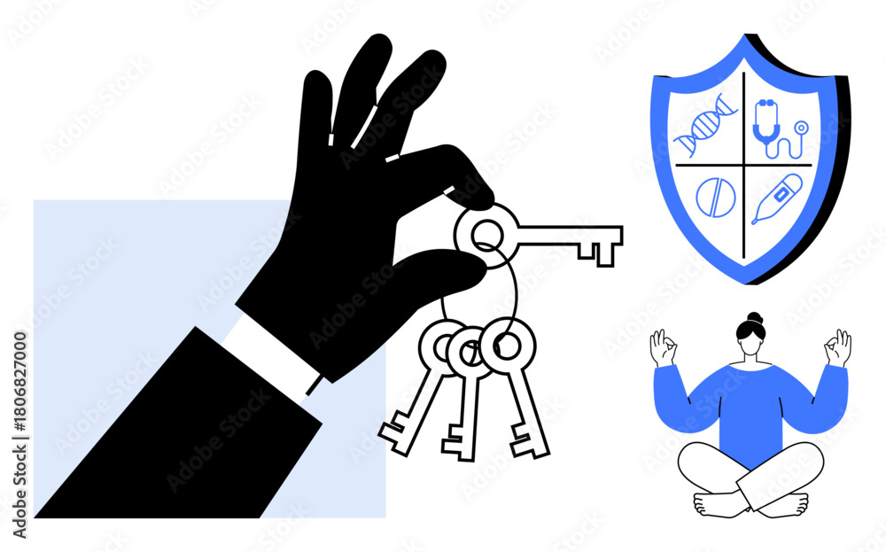 Obraz premium Hand gripping keys beside shield icon with medical and wellness symbols and meditating person. Ideal for security, health protection, mindfulness, wellness, self-care, solutions, simple flat metaphor
