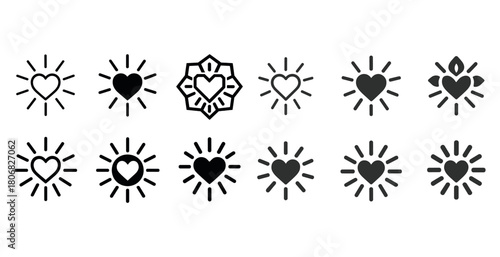 Set of heart icons with sunburst design in various styles and shapes