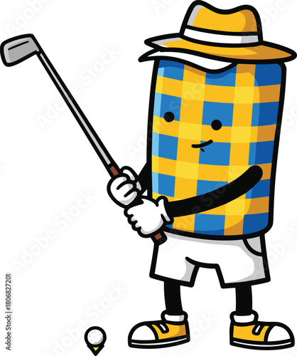 Cartoon golf character, checkered mascot, yellow blue pattern, golfing pose, sports illustration, playful design, anthropomorphic object, vector art, fun concept