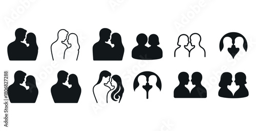 Silhouette icons of couples in various romantic poses
