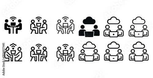 Collaborative technology icons: teamwork, cloud computing, digital communication, office meeting