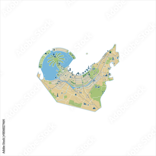 Stylized illustration of the United Arab Emirates, showcasing cities, coastlines, and landmarks.