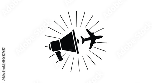 Megaphone announcing an airplane, symbolizing travel announcements or aviation news.