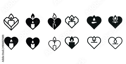 Set of 12 heart shaped candle icons with flame variations