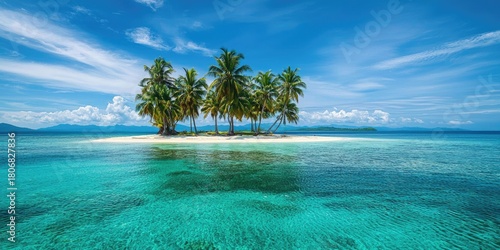 Fototapeta Naklejka Na Ścianę i Meble -  A serene tropical island with a white sand beach, crystal-clear turquoise waters, and lush green palm trees under a clear blue sky with a few scattered clouds.