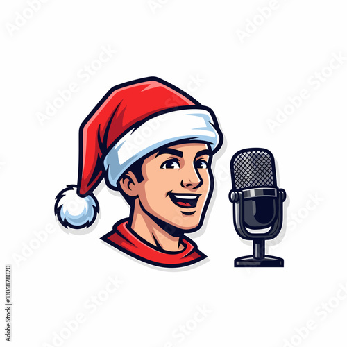 Cartoon character wearing santa hat presenting with retro microphone