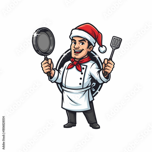 Cartoon chef character wearing santa hat holding pan spatula christmas