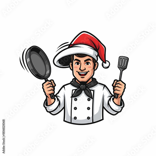 Cartoon chef holding pan spatula wearing Santa hat mascot