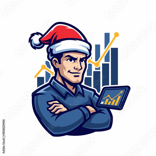 Cartoon illustration businessman with santa hat analyzing rising stock chart