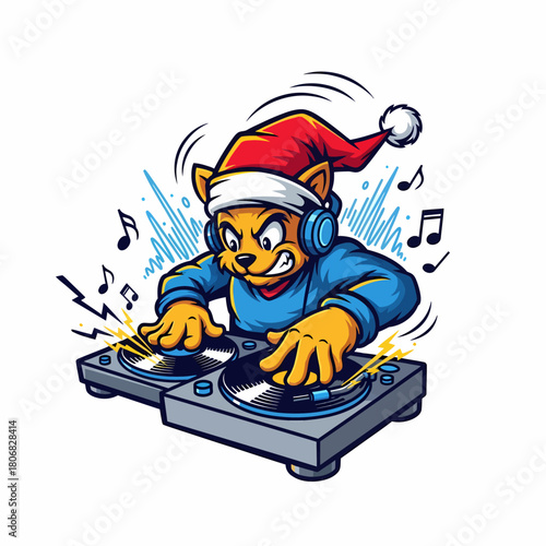 Cartoon illustration Christmas cat DJ playing music on turntables