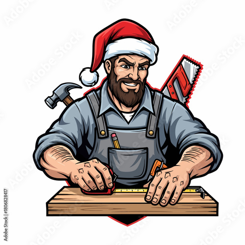 Cartoon illustration bearded carpenter wearing santa hat measuring wood plank