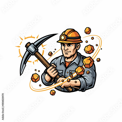 Cartoon illustration miner holding pickaxe mining resources industry