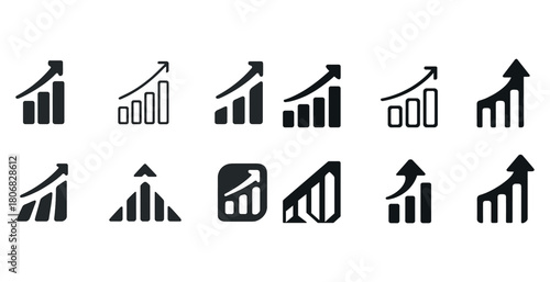Set of black and white upward trend arrow graph icons for business growth indicators