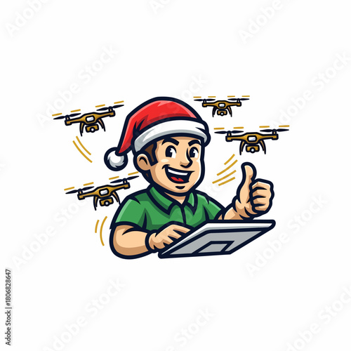 Cartoon illustration santa using tablet controlling christmas delivery drones