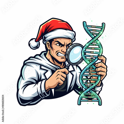 Cartoon illustration: Scientist in Santa hat examines DNA with magnifier