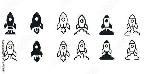 Collection of rocket icon variations in different styles and shapes