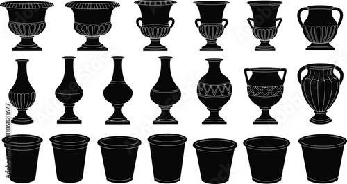 Collection of elegant vase, urn, and pottery silhouettes showcasing classic decorative container shapes for home decor, art design, illustration, and creativity