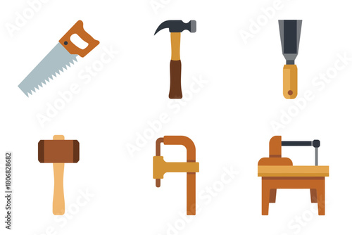 Joinery toolkit collection, handsaw tool, heavy hammer, beveled chisel, wooden mallet, bench clamp vise, carpentry workstation vector