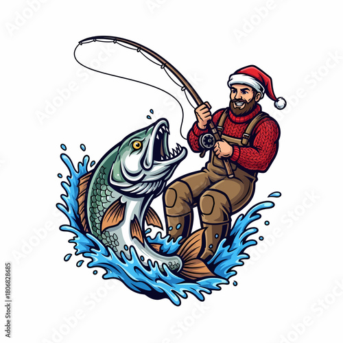 Cartoon man fishing big fish during christmas holiday season