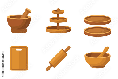 Rustic kitchenware collection, mortar with pestle, tiered tray, round platters, chopping board, rolling pin, serving bowl vector set