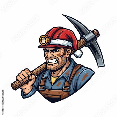 Cartoon miner with santa hat holding pickaxe celebrating christmas