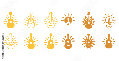 Variety of vibrant guitar icons with musical themes on white background