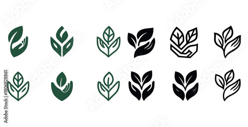 Set of abstract leaf icons in green and black design variations
