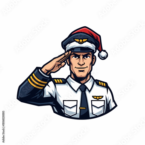 Cartoon pilot wearing santa hat saluting cheerfully during holiday season