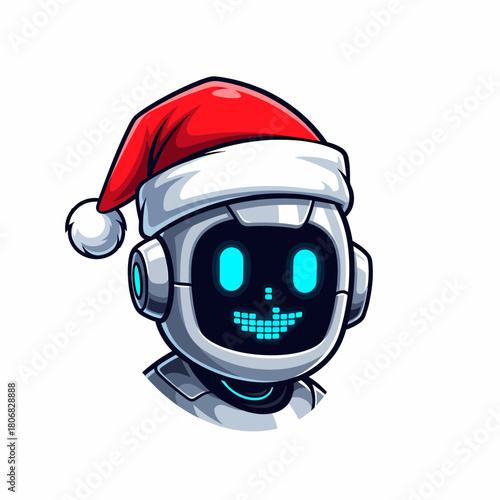 Cartoon robot head wearing Christmas santa hat with blue face