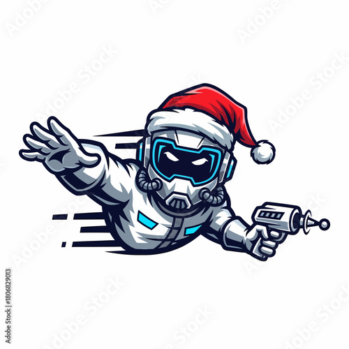 Cartoon spacesuit santa character flying with blaster ray gun festive