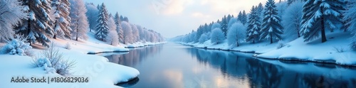 Majestic snow-covered riverbanks, icy water Breathtaking winter vista , travel, nature