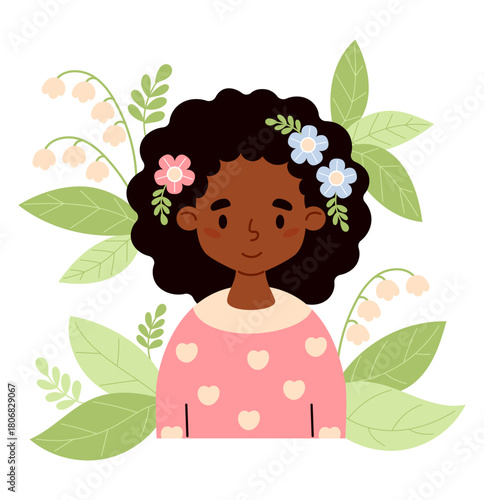 Cute Spring ethnic Girl with Flowers lily of the valley. Female Seasonal Portrait. Vector illustration for poster, banner, card, design. Kids collection. Not AI