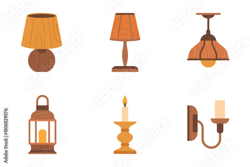 Wooden lighting icons set, vintage table lamp, floor lamp, ceiling pendant, lantern, candle holder, wall sconce, cozy vector