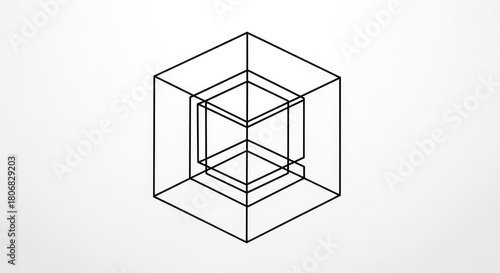 Abstract geometric line drawing of transparent nested cubes on white.