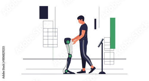 Modern rehabilitation: man assisting robot-assisted prosthetic limb for therapeutic recovery and