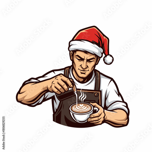 Illustration: Christmas barista making latte art holiday season coffee
