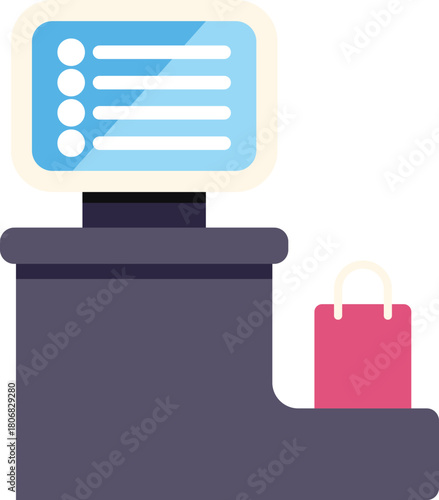 Empty checkout counter with a monitor showing a waiting queue and a shopping bag on a white background