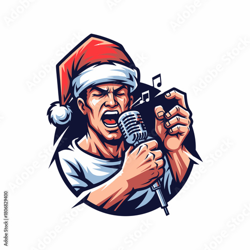 Illustration of a man wearing a santa hat singing loudly