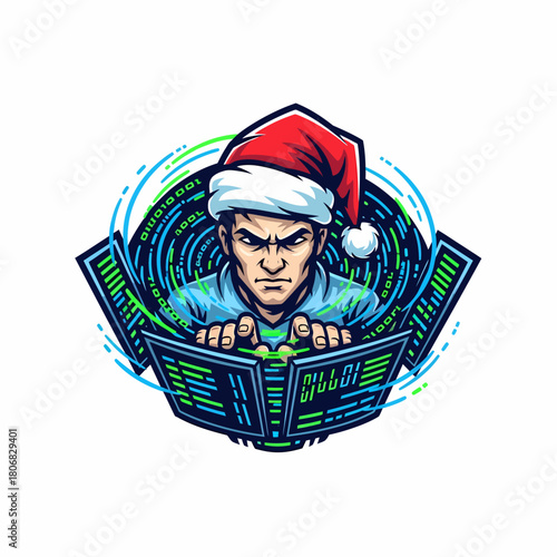 Illustration of a hacker programmer with santa hat coding at christmas