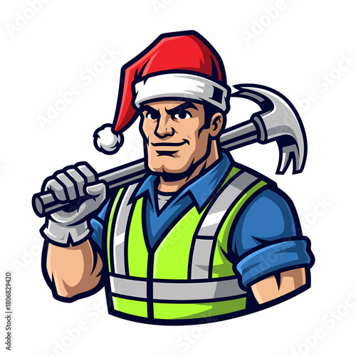 Illustration of a muscular builder wearing a santa hat holding hammer