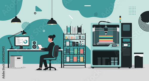 Modern workplace showcasing a designer using 3D printer technology for innovative design projects