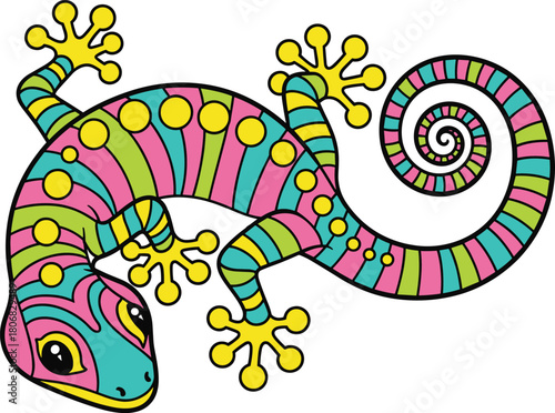 Colorful decorative gecko vector illustration featuring abstract stripes, spiral tail, and tribal style reptile art for design projects.